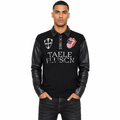 Men's black graphic long sleeve polo shirt on a professional male model, front studio view on a clean white background.