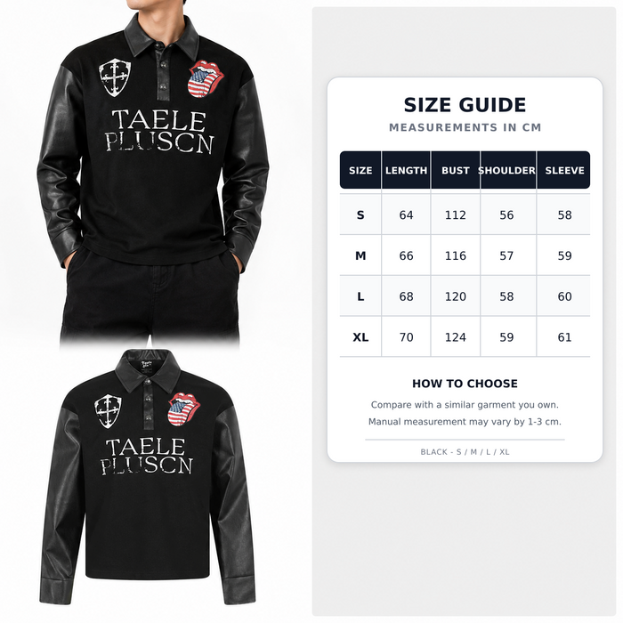 Men's black graphic long sleeve polo shirt size guide in centimeters for S, M, L and XL with verified measurements.