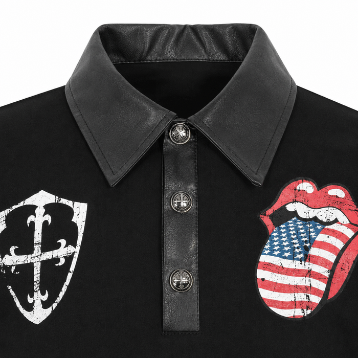 Close view of the black polo collar, three-button placket, shield graphic and American flag tongue graphic on the men's top.