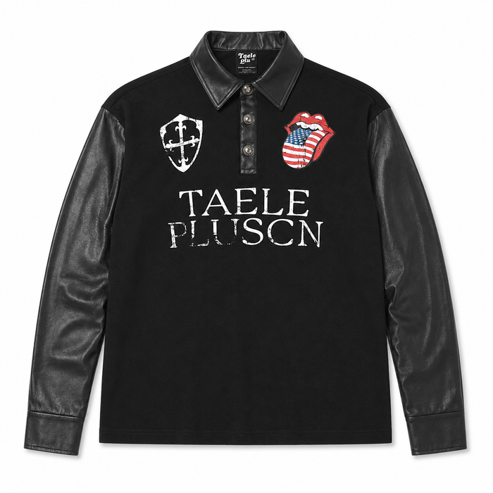 Men's black graphic long sleeve polo shirt laid flat to show the complete collar, front graphics, sleeves, cuffs and hem.