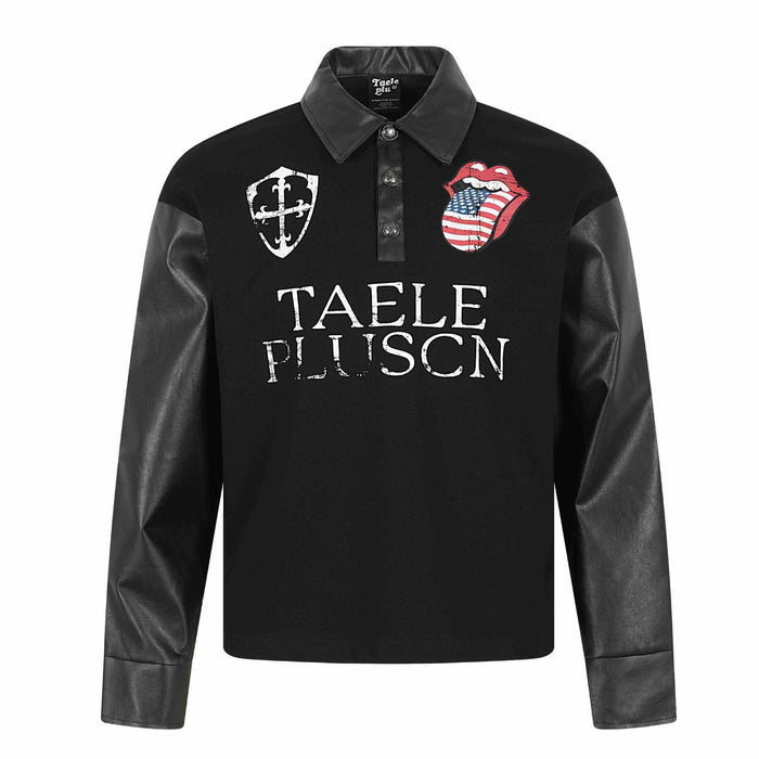 Men's black graphic long sleeve cotton blend polo shirt with turn-down collar, product image 1 for comparison for daily wear.
