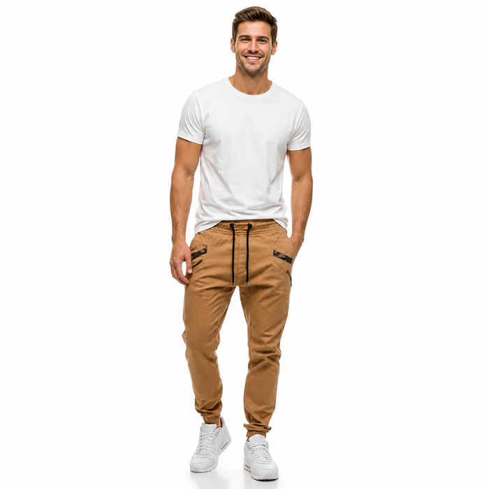 Men's jogger pants in Khaki shown from the front with slim tapered legs, camouflage pocket trim and casual styling front view