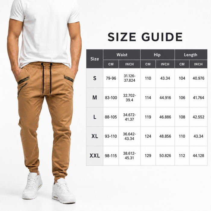Men's jogger pants size guide showing S, M, L, XL and 2XL measurements for waist, hip and overall length reference front view