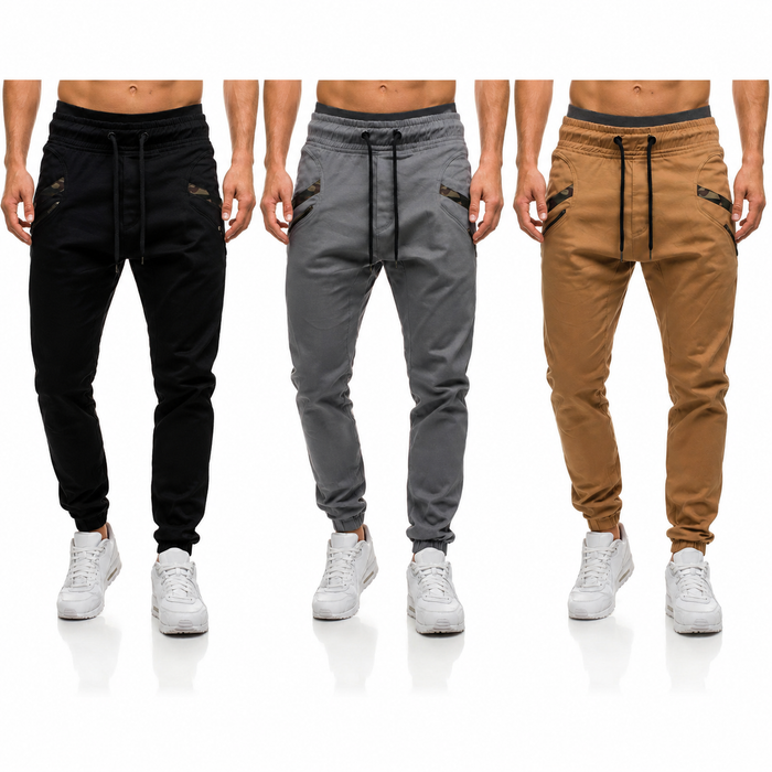 Men's jogger pants shown in Black, Grey and Khaki color variants with slim tapered styling and pocket details for casual wear