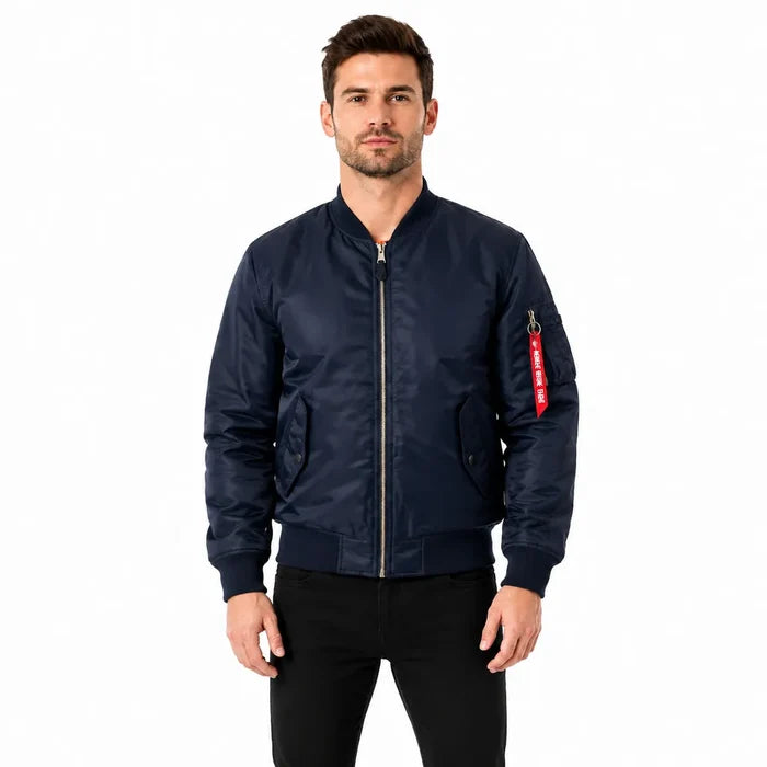 Deep Blue men's bomber jacket on a male model, showing a zip front, sleeve pocket and ribbed trim on a pure white background.