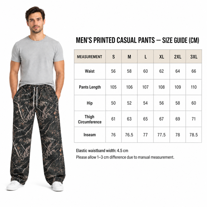 Men's printed casual pants size guide S to 3XL with male model