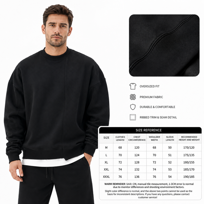 Men's black round neck sweater with fabric detail inset and size chart for M, L, XL, 2XL and 3XL.