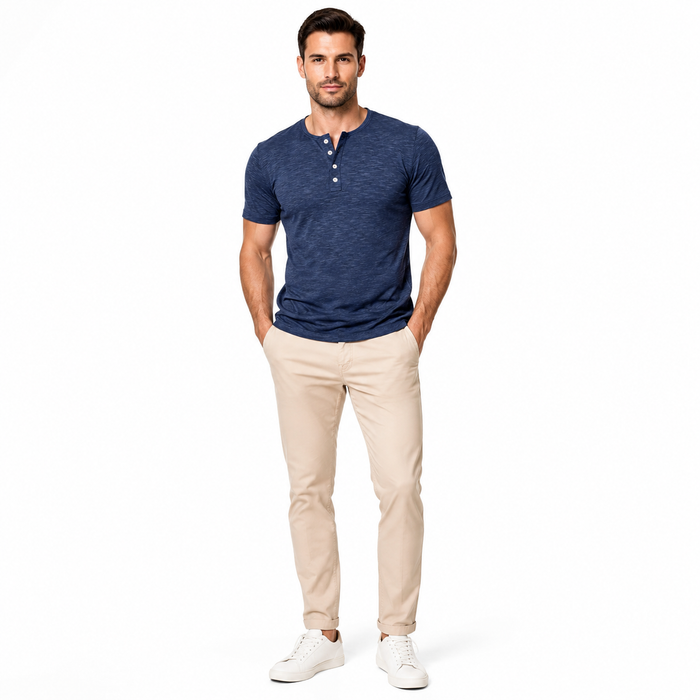 Men's Navy Blue short-sleeve Henley shirt, front hero view on a male model