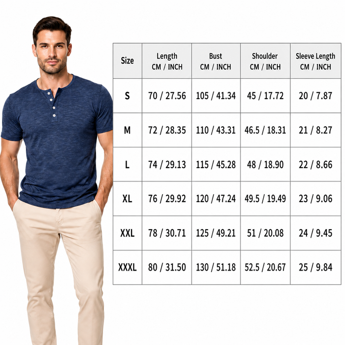 Men's short-sleeve Henley shirt size guide with CM and inch measurements