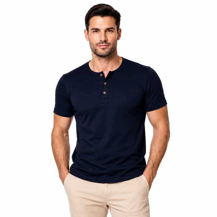 Men's YN5436 navy smooth Henley shirt variant on a professional male model