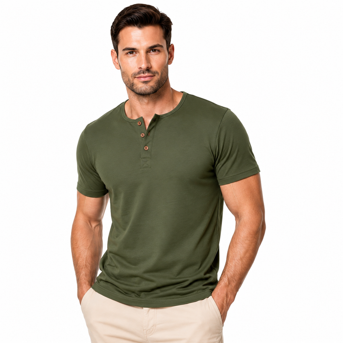 Men's YN5432 smooth Henley shirt variant with three-button placket on a model