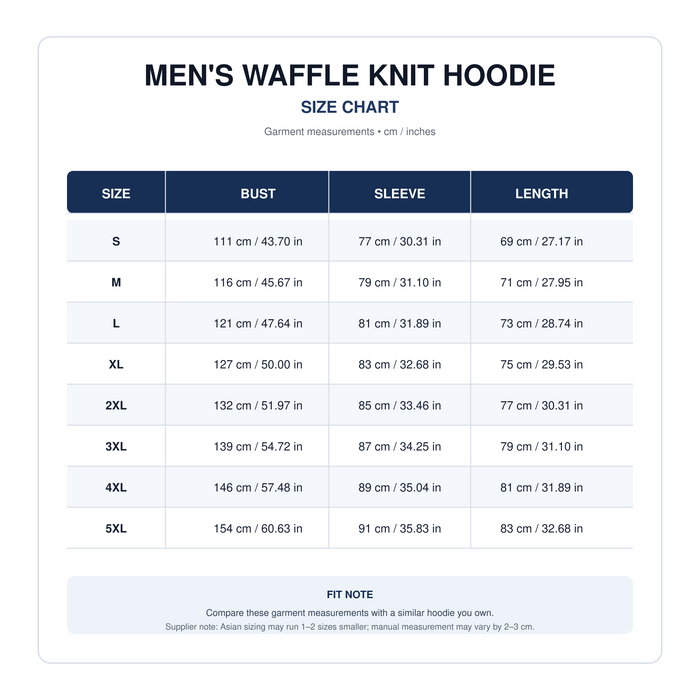 Men's waffle knit hoodie size chart with bust, sleeve and length measurements from S to 5XL.