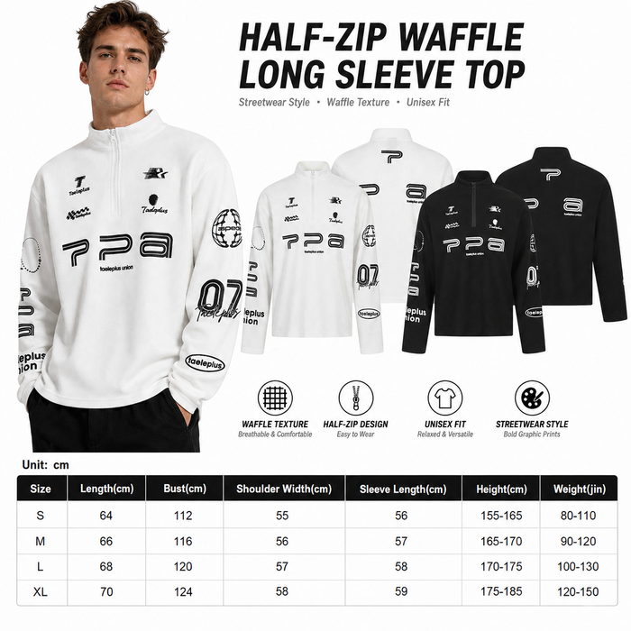 Men's waffle knit long sleeve shirt size chart with model, Black and White variants and supplier measurements.