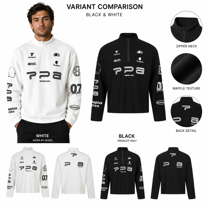 Men's waffle knit long sleeve shirt comparison showing Black and White variants with zip neck and print details.