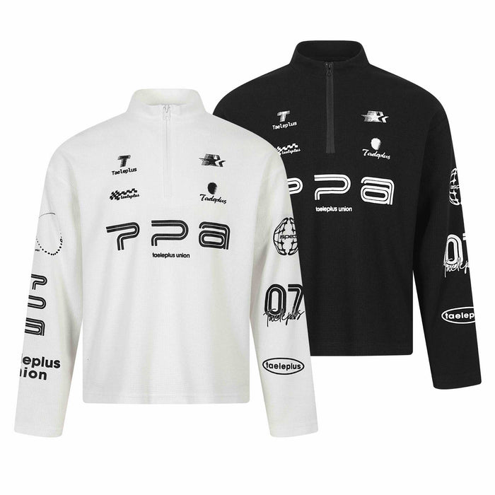 Men's waffle knit long sleeve shirt in black with letter print, loose fit, drop shoulders and polyester fabric for casual use