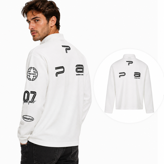 White men's waffle knit long sleeve shirt shown from the back on a male model with printed graphic details.