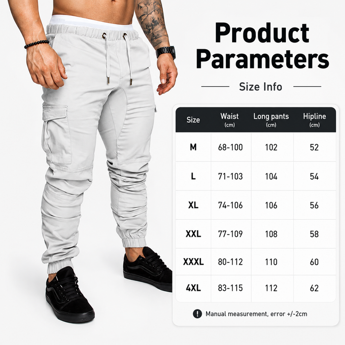 Men's multi-pocket workwear pants shown on a model with size chart for M to 4XL, including waist, length and hip measurements.