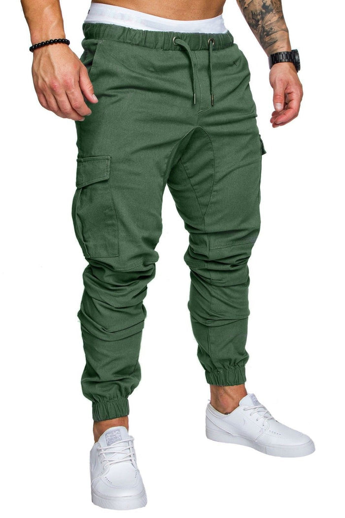 Multi-pocket men's utility pants in cotton blend with loose fitting shape mid waist and lace-up closure for casual daily wear