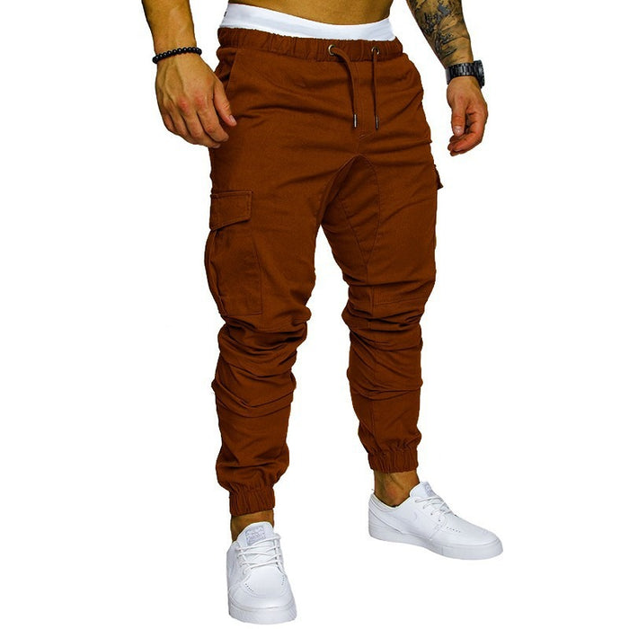 Men's multi-pocket pants with cotton blend fabric loose fit, mid waist and lace-up closure for casual everyday outfit styling