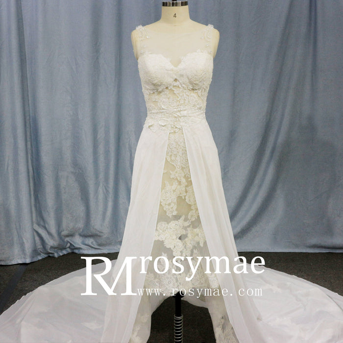 Mermaid Floral Lace High Low Wedding Dress with Tank Sleeves - Rosymae