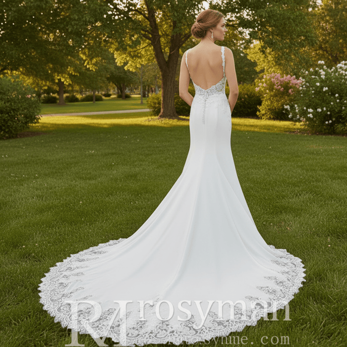 Mermaid V-neck Tank Straps Wedding Dress with Open Back - Rosymae