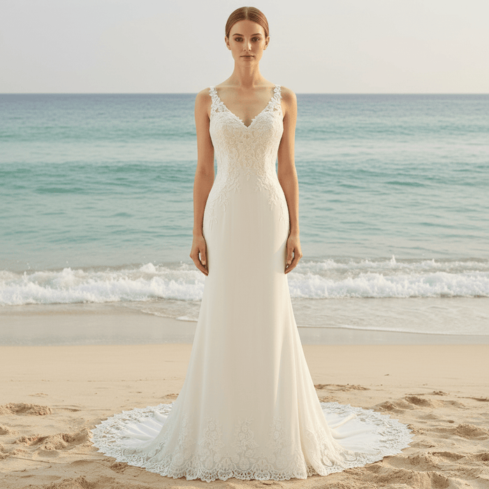 Mermaid V-neck Tank Straps Wedding Dress with Open Back - Rosymae