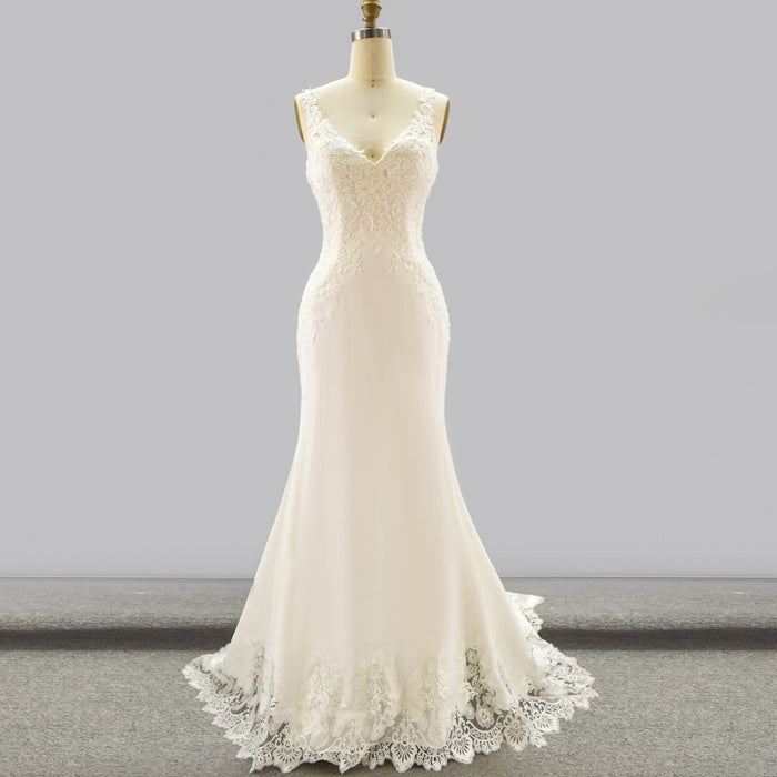 Mermaid V-neck Tank Straps Wedding Dress with Open Back - Rosymae