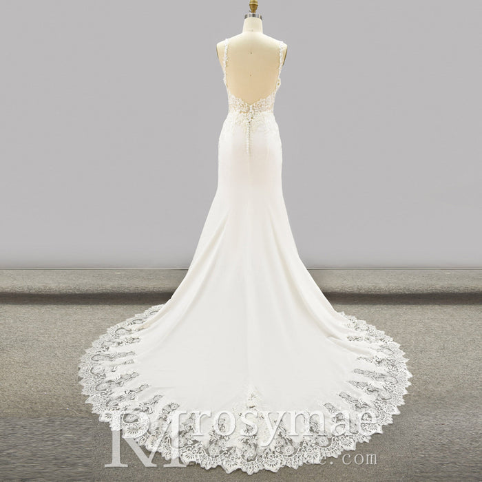 Mermaid V-neck Tank Straps Wedding Dress with Open Back - Rosymae