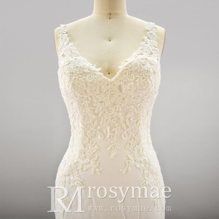 Mermaid V-neck Tank Straps Wedding Dress with Open Back - Rosymae