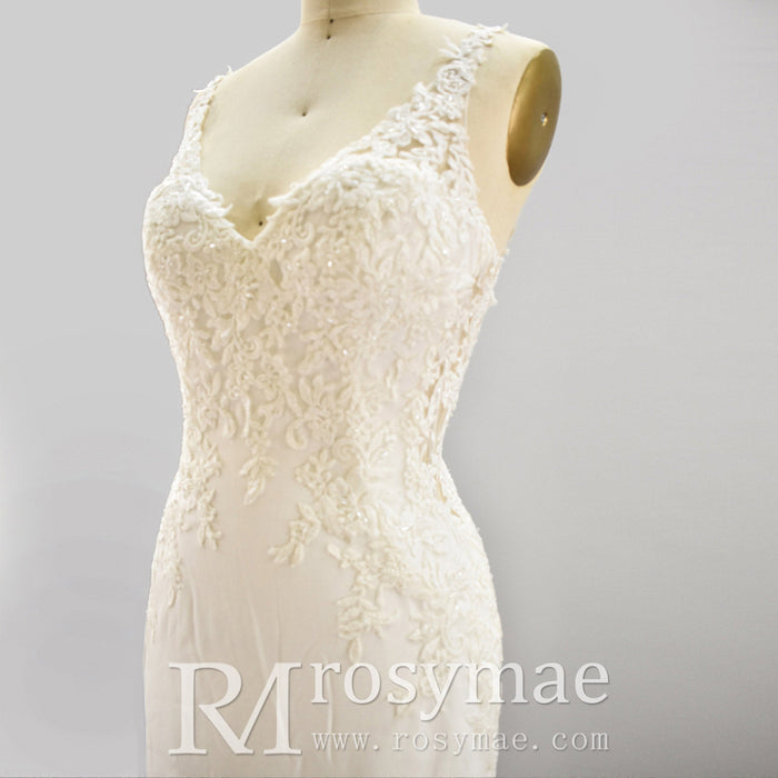 Mermaid V-neck Tank Straps Wedding Dress with Open Back - Rosymae