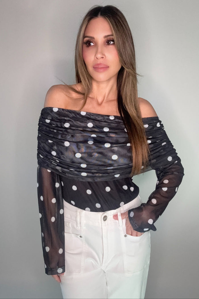 Style the Mesh Polka Dot Off Shoulder Top exclusively at Born To Glam