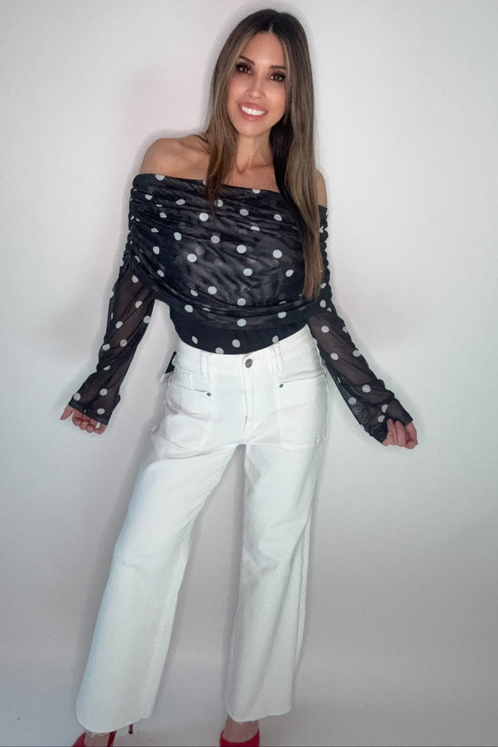 Style the Mesh Polka Dot Off Shoulder Top exclusively at Born To Glam
