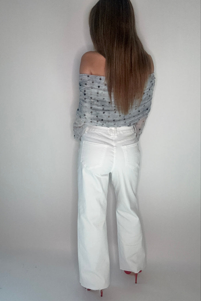Style the Mesh Polka Dot Off Shoulder Top exclusively at Born To Glam