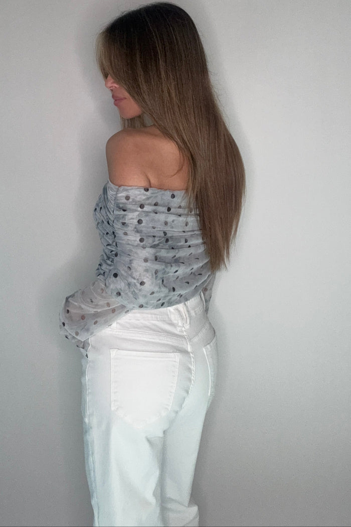 Style the Mesh Polka Dot Off Shoulder Top exclusively at Born To Glam