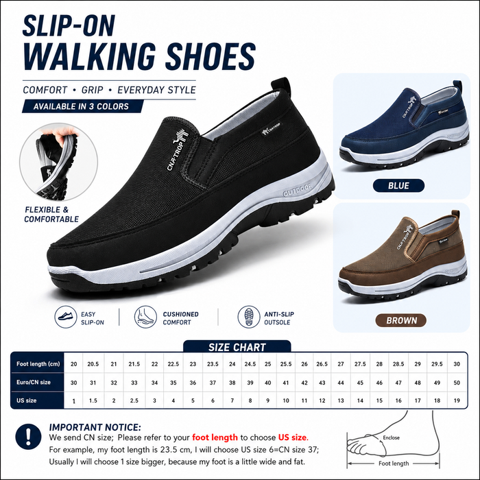 Mesh walking shoes collage shows black, navy and brown low-top sneakers with EU/CN and US size charts plus foot length guide.