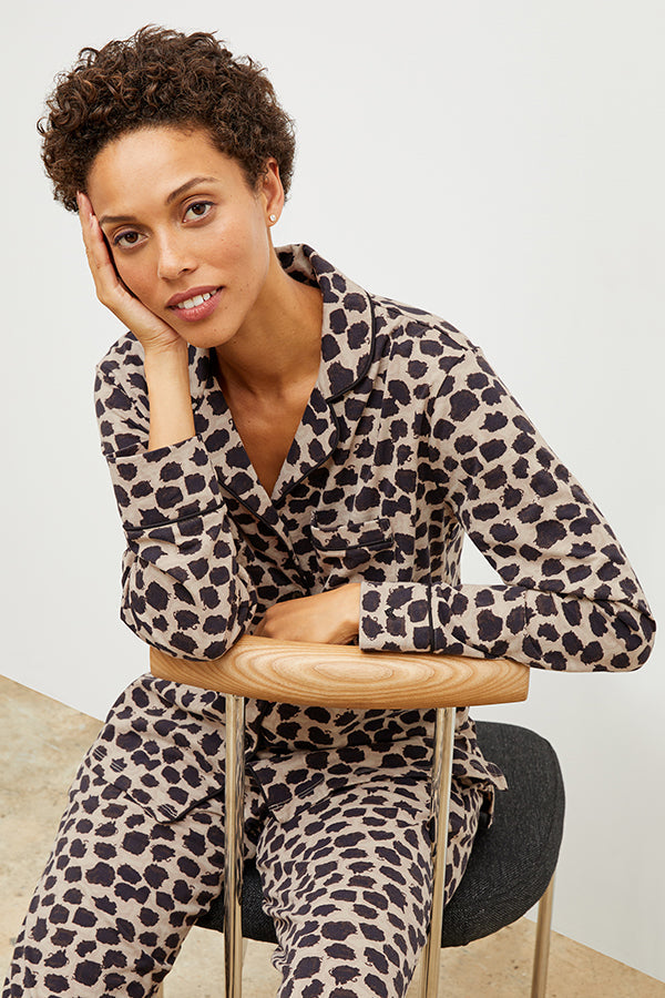 Front image of a woman wearing the Petite Plume x M.M. Astaire Pajama Set in Sahara Print | Grid Hover | Exclude