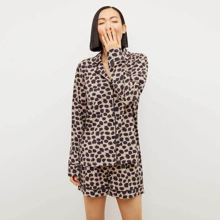 Front image of a woman wearing the Petite Plume x M.M. Long Sleeve Short Set in Sahara Print | Lead