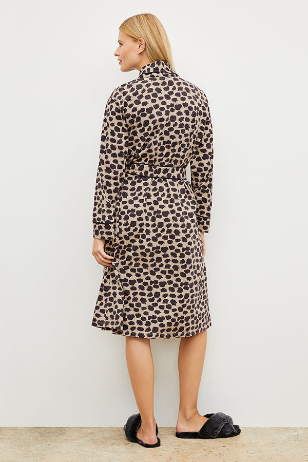 Front image of a woman wearing the Petite Plume x M.M. Luxe Pima Robe in Sahara Print | Grid Hover | Exclude