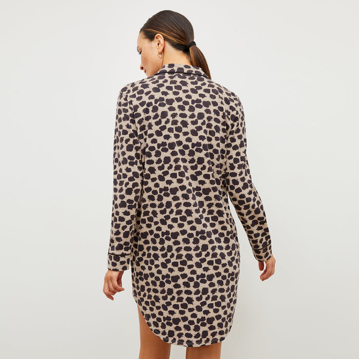 Back image of a woman wearing the Petite Plume x M.M. Pima Nightshirt in Sahara Print