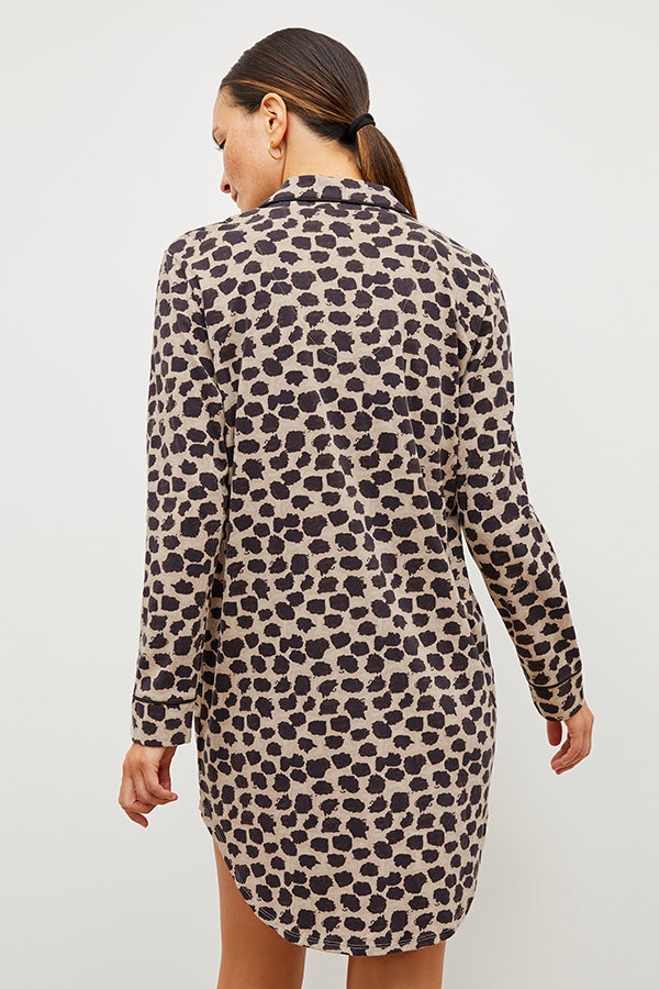 Front image of a woman wearing the Petite Plume x M.M. Pima Nightshirt in Sahara Print | Grid Hover | Exclude