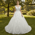 Modest Lace Ball Gown Wedding Dress with Cap Sleeves - Rosymae