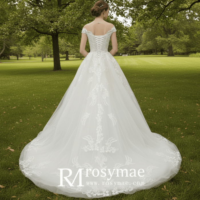 Modest Lace Ball Gown Wedding Dress with Cap Sleeves - Rosymae