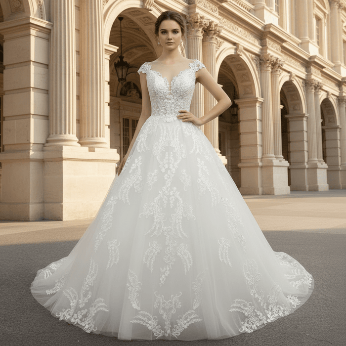 Modest Lace Ball Gown Wedding Dress with Cap Sleeves - Rosymae