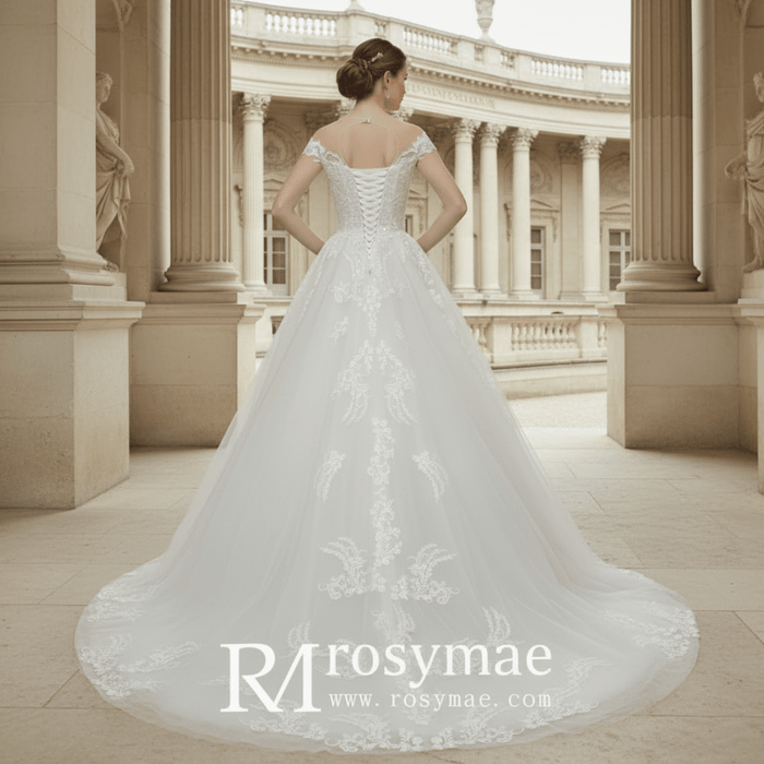 Modest Lace Ball Gown Wedding Dress with Cap Sleeves - Rosymae
