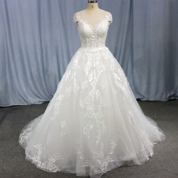 Modest Lace Ball Gown Wedding Dress with Cap Sleeves - Rosymae