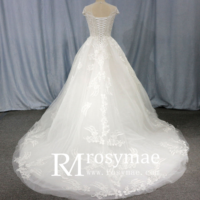 Modest Lace Ball Gown Wedding Dress with Cap Sleeves - Rosymae