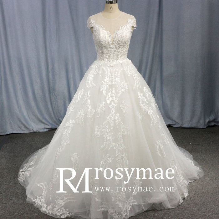 Modest Lace Ball Gown Wedding Dress with Cap Sleeves - Rosymae