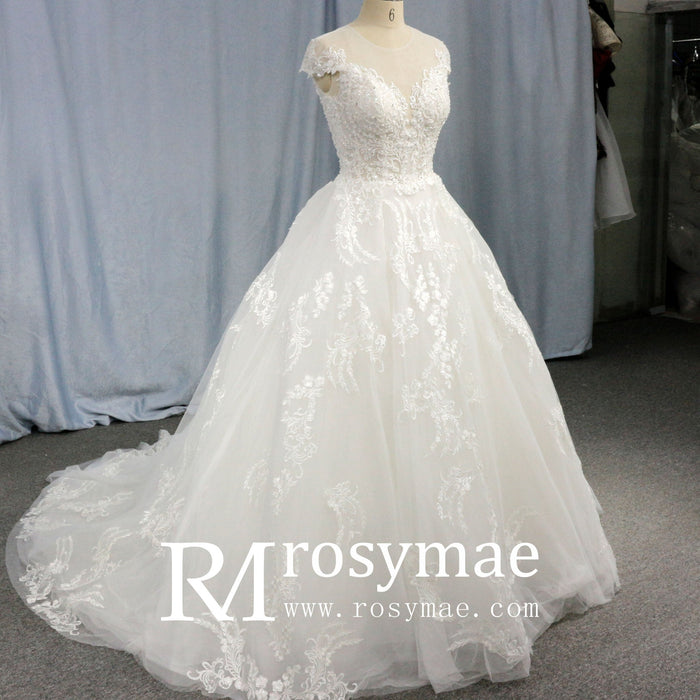 Modest Lace Ball Gown Wedding Dress with Cap Sleeves - Rosymae