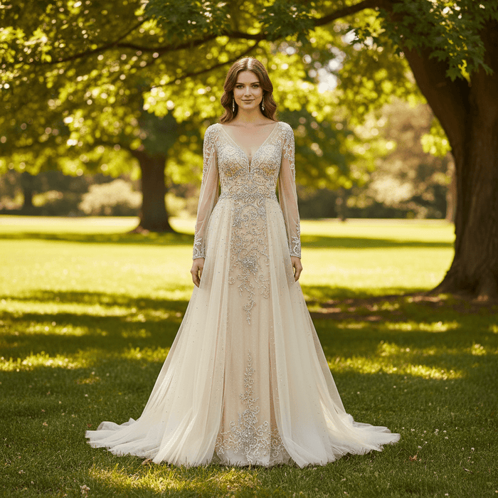 Modest V-neck Mother of The Bride Dresses with Long Sleeves - Rosymae