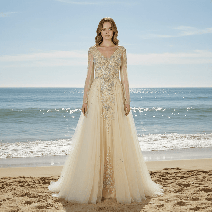 Modest V-neck Mother of The Bride Dresses with Long Sleeves - Rosymae